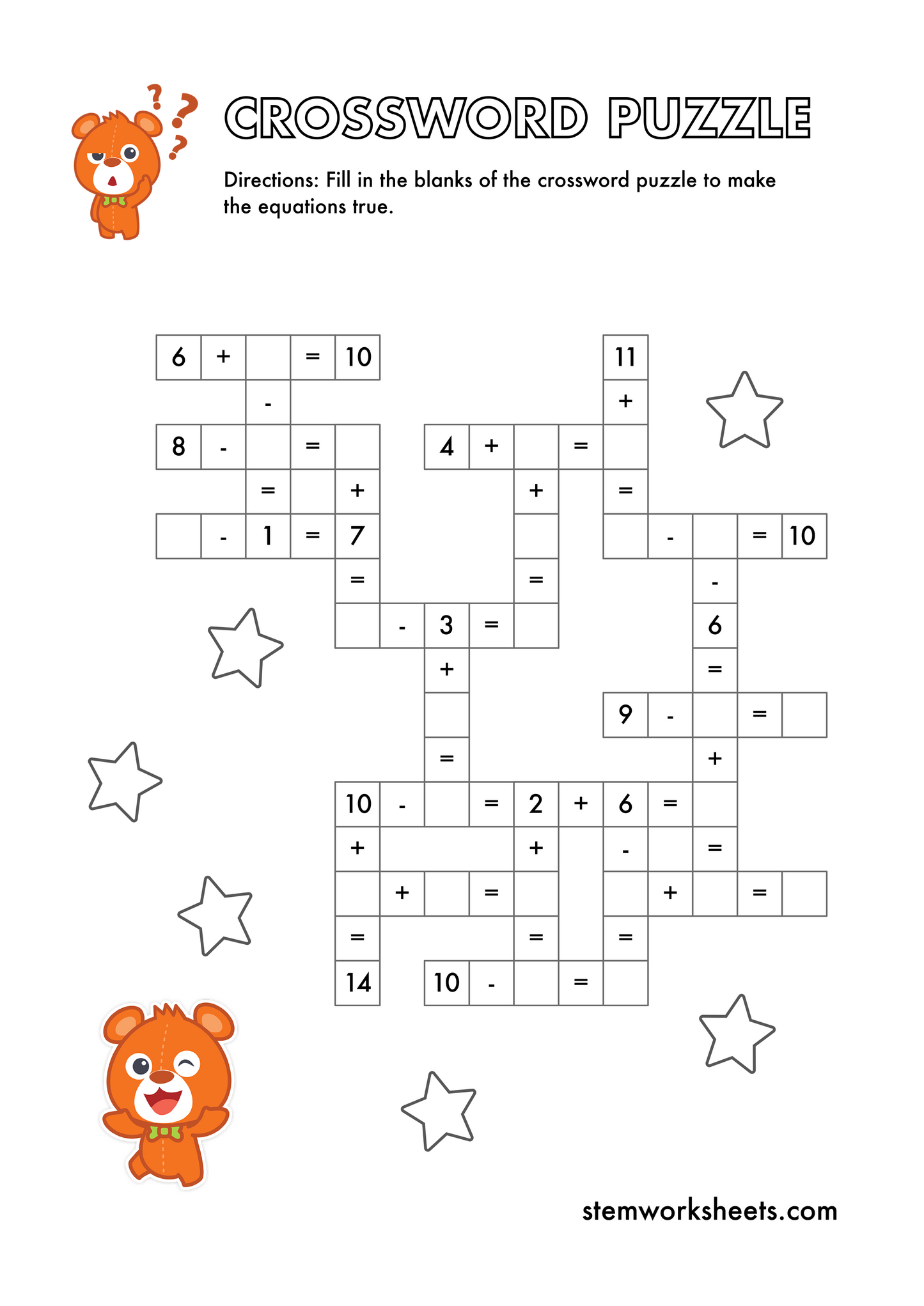 Download a FREE package with math crossword puzzles and equations puzzles worksheets for kids ages 5-7. Practice addition and subtraction to complete the crossword puzzles. These worksheets help children develop and hone pre-algebra and logic skills. Suitable for kindergarten and first grade.