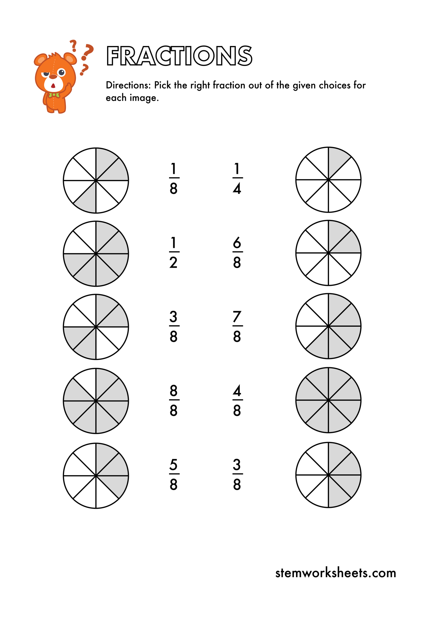 Download a FREE package with math fractions worksheets for kids ages 7-9. Our fraction worksheets introduce children to comparing fractions with pie charts, concepts of equal parts, parts of a whole and fractions of a group or set. Suitable for 1st Grade and 2nd Grade.