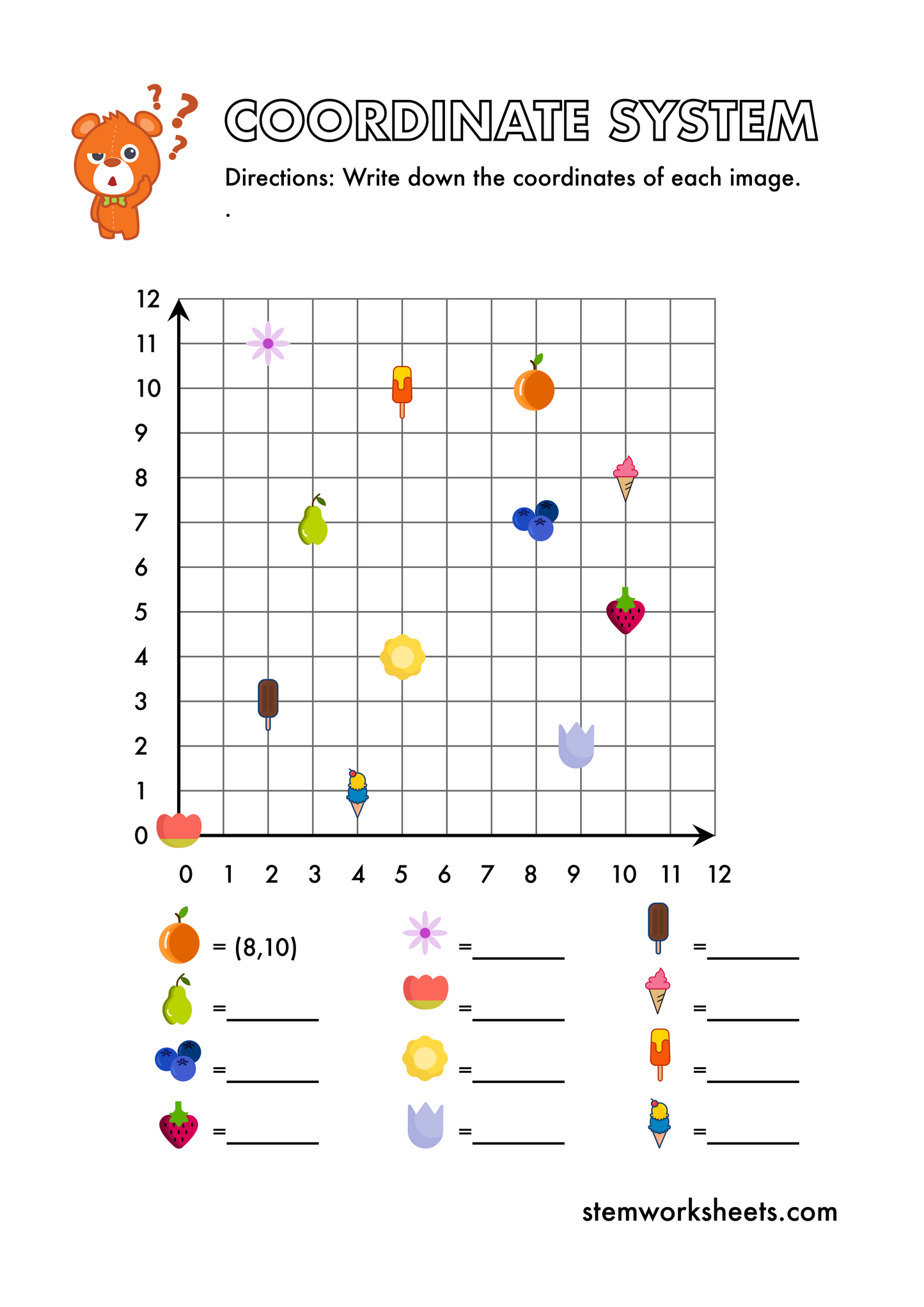 Download a FREE package with printable coordinates worksheets for kids ages 5-7. Using these sheets will help your child to learn to write down coordinates and learn to plot coordinates correctly. Suitable for kindergarten and first grade.