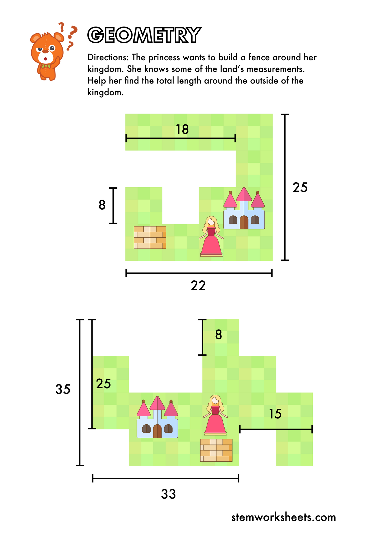 Download a FREE package with first grade and second grade geometry math worksheets. Our geometry worksheets will improve your child’s critical thinking, geometry skills and spatial reasoning. Your child will work with squares and rectangles to solve complex geometry problems and learn more about the properties of those shapes. These worksheets are focused on finding the perimeters of rectangles and more complex shapes.