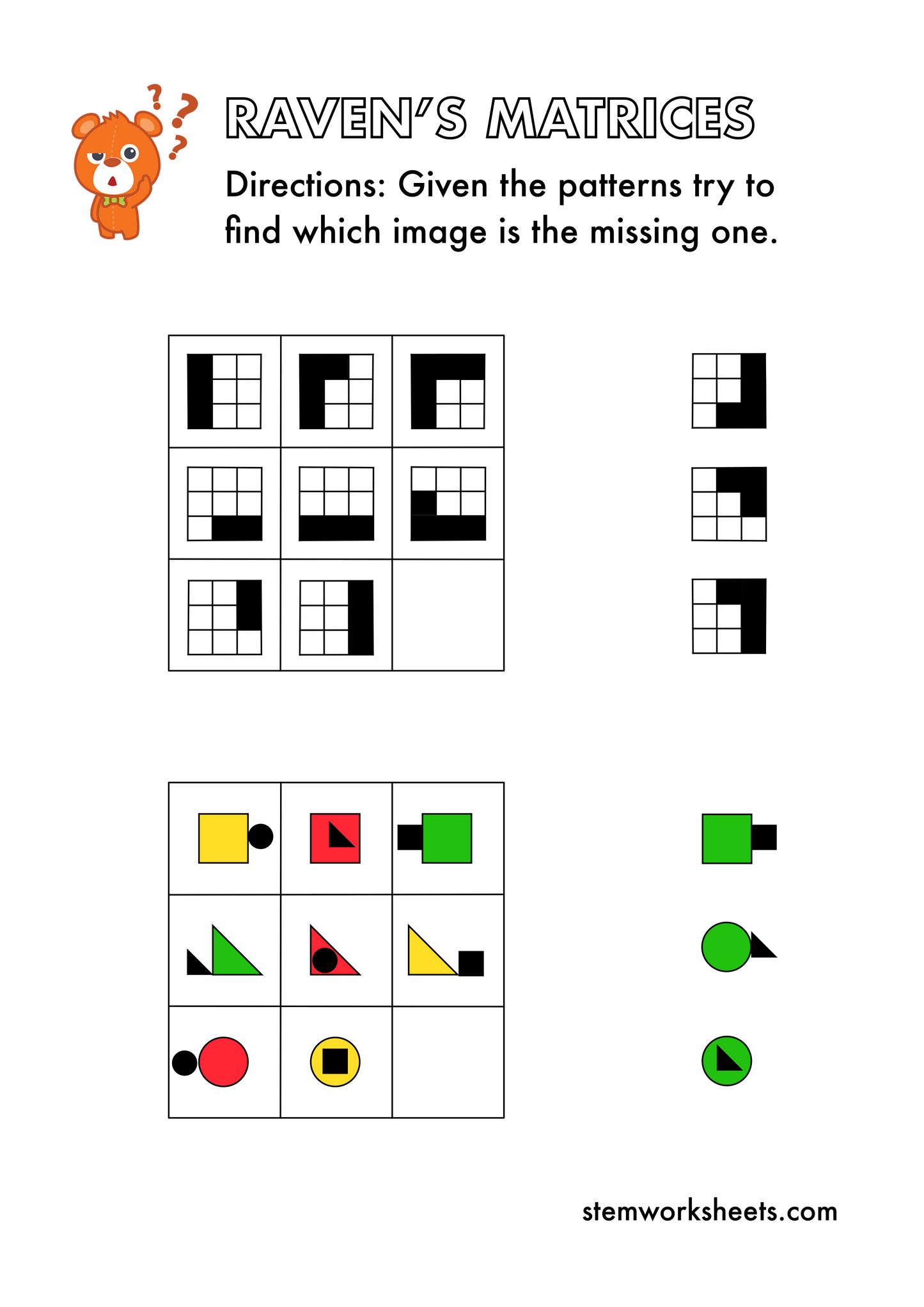 Download a FREE package with Raven's Progressive Matrices for kids. Progressive Matrices are used for measuring abstract reasoning and considered as a non-verbal estimate of fluid intelligence. They generally involve figuring out the 'underlying rule' in a given pattern and then applying this rule to solve the matrix.