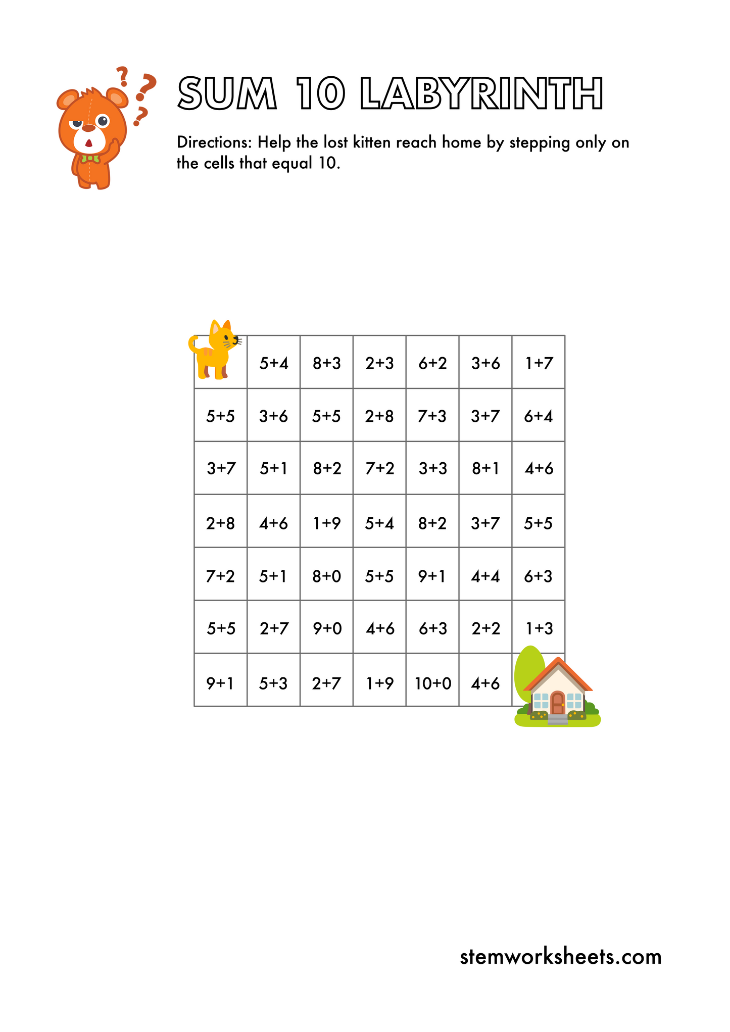 Download a FREE package with sum 10 and sum 20 mazes for kids ages 3-7. Our puzzles will improve your child’s arithmetic skills by practicing addition to 10 and addition to 20. Suitable for preschool and kindergarten.