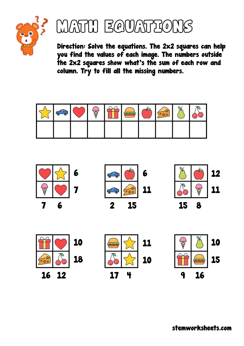 Download our FREE PDF package with kindergarten math puzzle worksheets and 1st grade math puzzle worksheets.