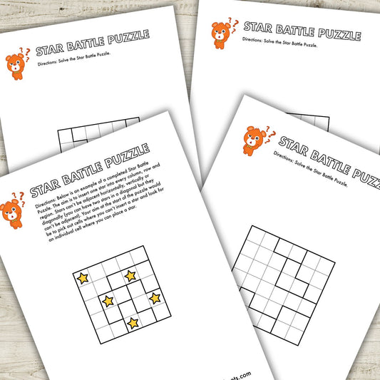 Download FREE Star Battle Puzzle Pack PDF. Logic puzzles for kids ages 6-8 and 7-9.