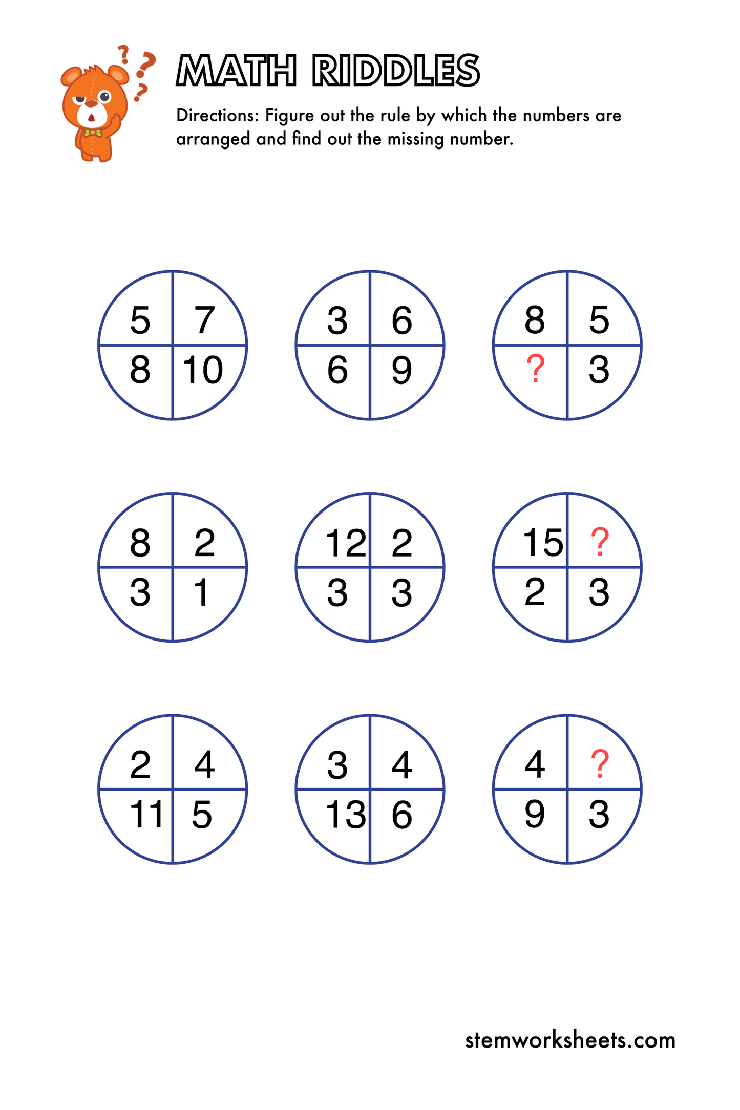 Download a FREE package with math riddles worksheets for kids ages 5-9. The missing numbers brain teasers will improve your child’s critical thinking and algebra skills. Suitable for first grade and second grade.