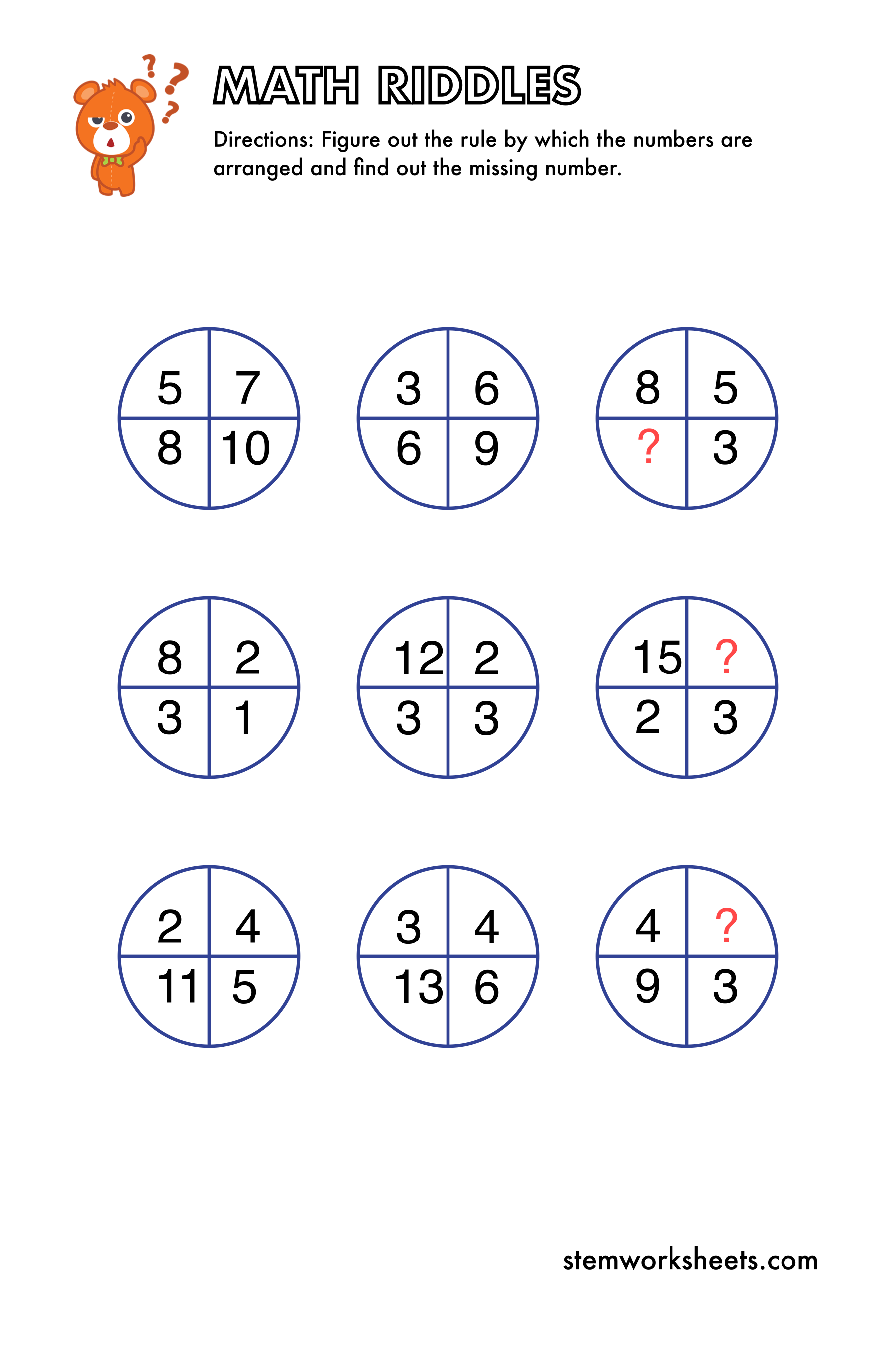 Download a FREE package with math riddles worksheets for kids ages 5-9. The missing numbers brain teasers will improve your child’s critical thinking and algebra skills. Suitable for first grade and second grade.