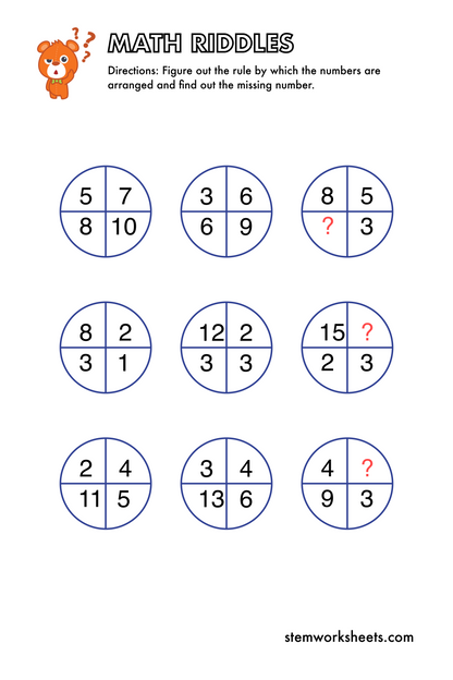 Download a FREE package with math riddles worksheets for kids ages 5-9. The missing numbers brain teasers will improve your child’s critical thinking and algebra skills. Suitable for first grade and second grade.