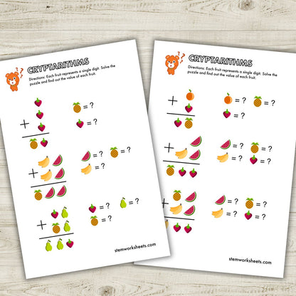 Download a FREE math word puzzles PDF worksheets. The worksheets contain math word problems involving cryptarithmetic puzzles (problems where letters represent digits) that will develop your child's logic and reasoning skills.