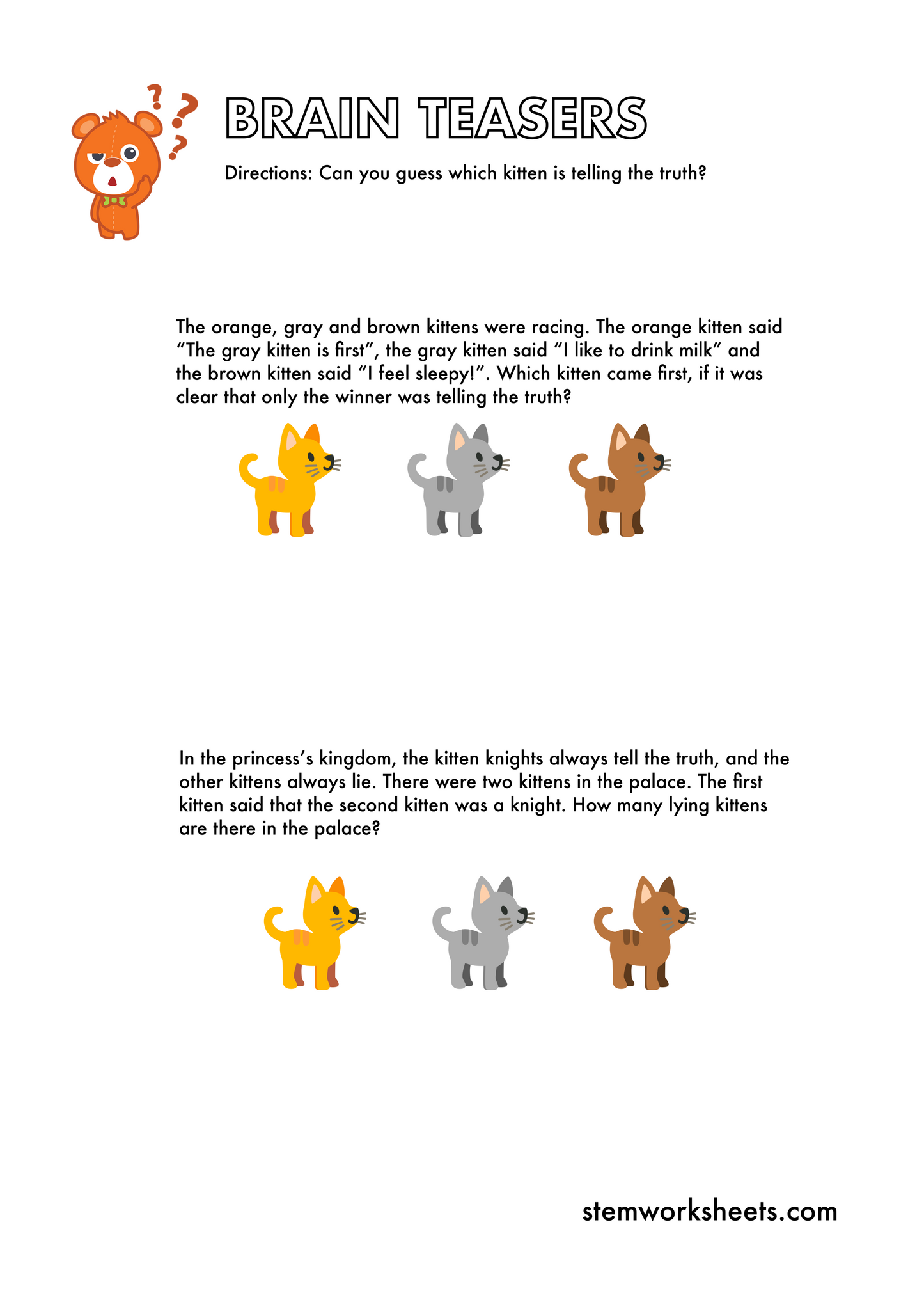 Download a FREE package with logical brain teasers worksheets for kids ages 9-11 inspired by the old logic puzzle Knights and Knaves (Truth-tellers and liars problems). Suitable for second grade and third grade. Subscribe to get notified when a new package is ready for download!