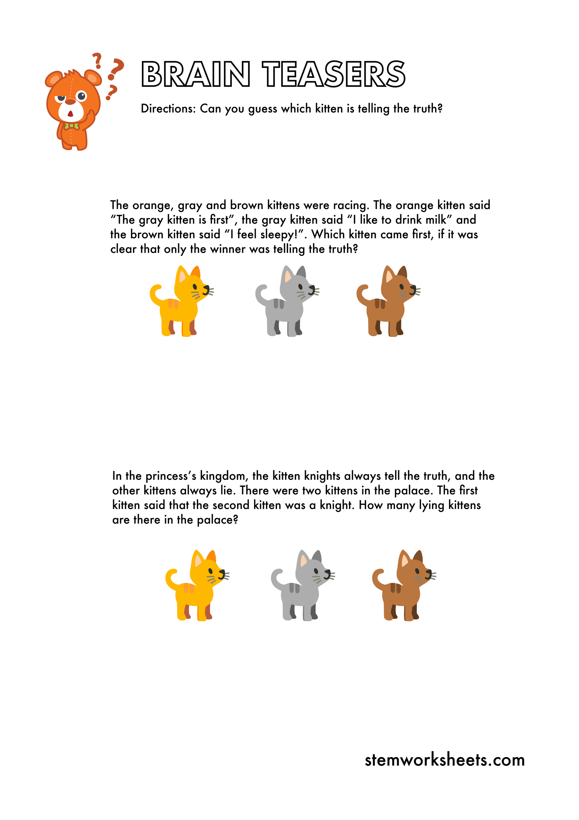 Download a FREE package with logical brain teasers worksheets for kids ages 9-11 inspired by the old logic puzzle Knights and Knaves (Truth-tellers and liars problems). Suitable for second grade and third grade. Subscribe to get notified when a new package is ready for download!