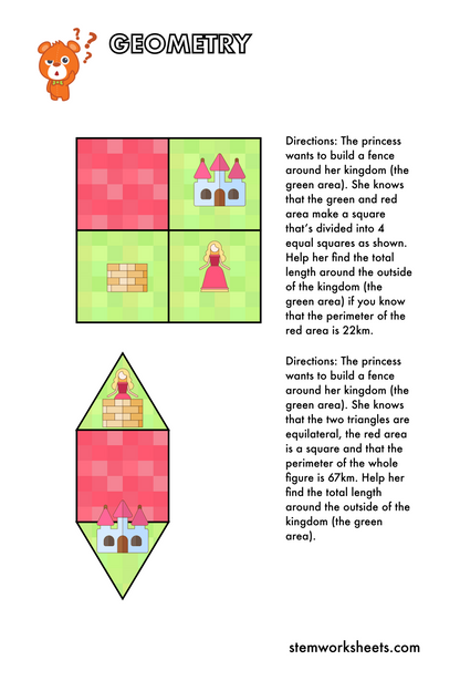 Download a FREE package with first grade and second grade geometry math worksheets. Our geometry worksheets are hard and challenging and they will improve your child’s critical thinking, geometry skills and spatial reasoning. Your child will work with squares, rectangles and triangles to solve complex geometry problems and learn more about the properties of those shapes.