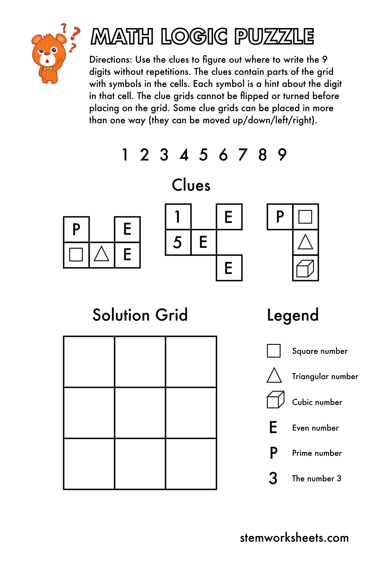 Download a FREE package with math logic puzzles worksheets for kids ages 7-9. Our puzzles will improve your child’s logical thinking and algebra skills. Suitable for first grade and second grade. Using these math puzzles for 1st grade your child will: learn about prime numbers, even numbers, cubic numbers, square numbers and triangular numbers; develop problem solving skills and reasoning; 