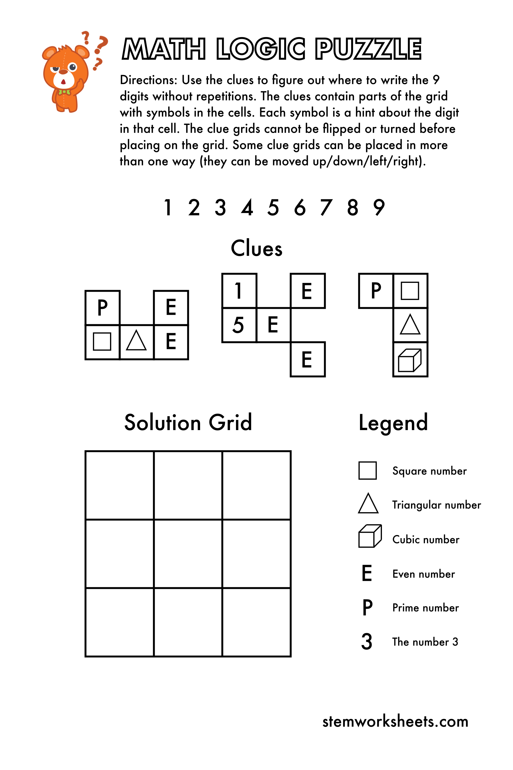 Download a FREE package with math logic puzzles worksheets for kids ages 7-9. Our puzzles will improve your child’s logical thinking and algebra skills. Suitable for first grade and second grade. Using these math puzzles for 1st grade your child will: learn about prime numbers, even numbers, cubic numbers, square numbers and triangular numbers; develop problem solving skills and reasoning; 