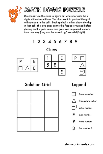 Download a FREE package with math logic puzzles worksheets for kids ages 7-9. Our puzzles will improve your child’s logical thinking and algebra skills. Suitable for first grade and second grade. Using these math puzzles for 1st grade your child will: learn about prime numbers, even numbers, cubic numbers, square numbers and triangular numbers; develop problem solving skills and reasoning; 