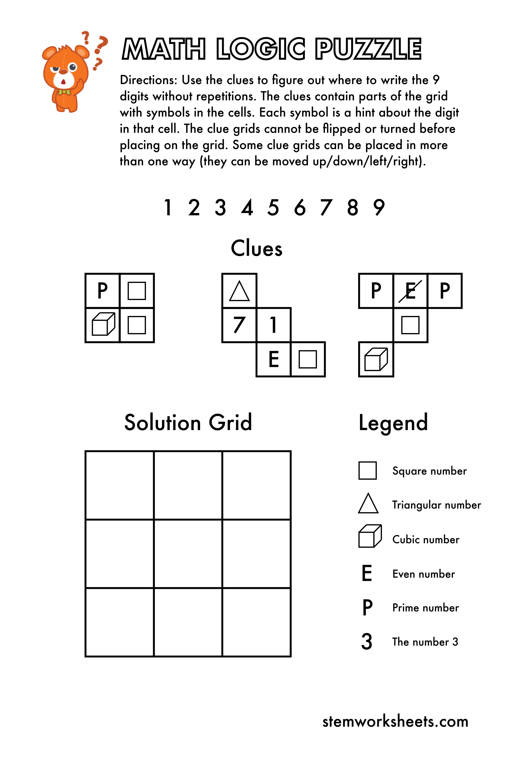 Download a FREE package with math logic puzzles worksheets for kids ages 7-9. Our puzzles will improve your child’s logical thinking and algebra skills. Suitable for first grade and second grade. Using these math puzzles for 1st grade your child will: learn about prime numbers, even numbers, cubic numbers, square numbers and triangular numbers; develop problem solving skills and reasoning; 