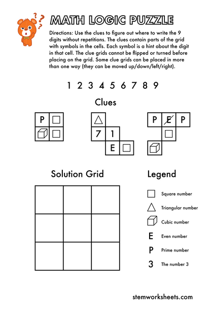 Download a FREE package with math logic puzzles worksheets for kids ages 7-9. Our puzzles will improve your child’s logical thinking and algebra skills. Suitable for first grade and second grade. Using these math puzzles for 1st grade your child will: learn about prime numbers, even numbers, cubic numbers, square numbers and triangular numbers; develop problem solving skills and reasoning; 