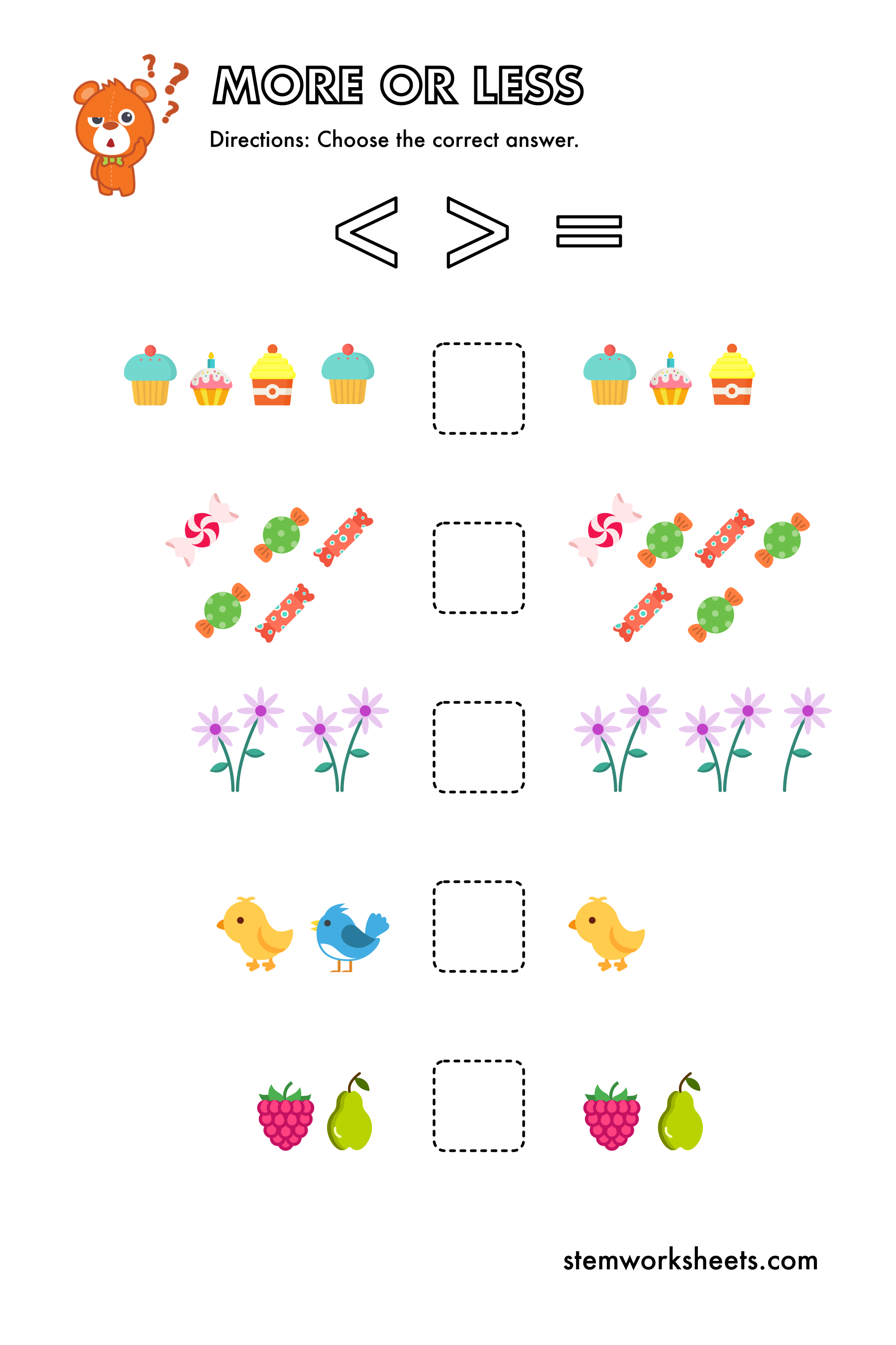 Download a FREE package with More or Less Kindergarten Activity Worksheets for kids ages 3-5. These interactive and visual worksheets will help kindergarteners improve their number sense and critical thinking abilities. For children who are still learning how to count numbers correctly, doing more or less worksheets can help them to train their counting ability as well as understand the ‘which is greater vs which is lesser’.&nbsp;
Suitable for kindergarten and first grade. Subscribe to get notified when a n
