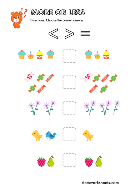 Download a FREE package with More or Less Kindergarten Activity Worksheets for kids ages 3-5. These interactive and visual worksheets will help kindergarteners improve their number sense and critical thinking abilities. For children who are still learning how to count numbers correctly, doing more or less worksheets can help them to train their counting ability as well as understand the ‘which is greater vs which is lesser’.&nbsp;
Suitable for kindergarten and first grade. Subscribe to get notified when a n
