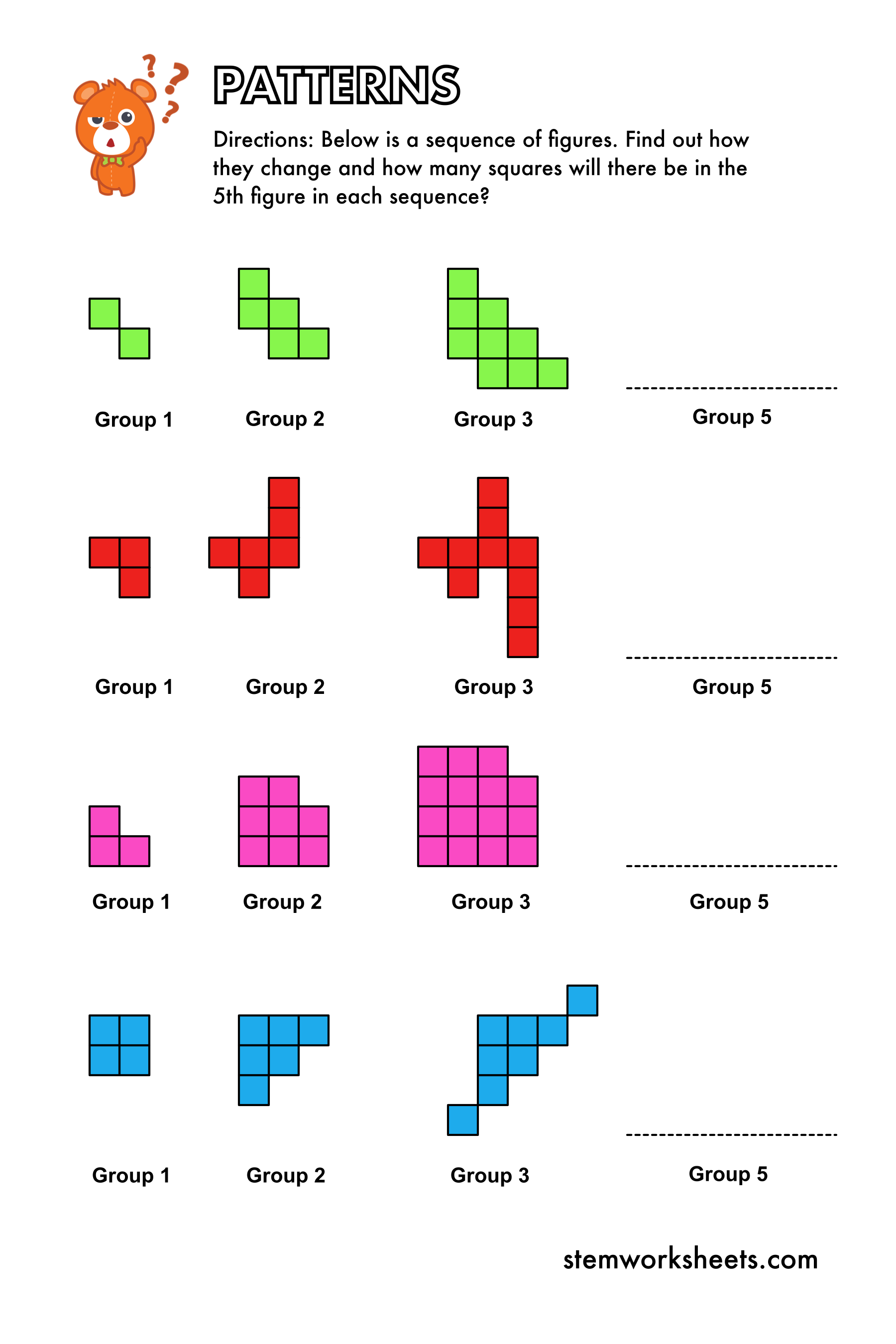 FREE Printable first grade math worksheets and second grade math worksheets! Growing figure patterns