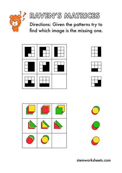 Download a FREE package with Raven's Progressive Matrices for kids. Progressive Matrices are used for measuring abstract reasoning and considered as a non-verbal estimate of fluid intelligence. They generally involve figuring out the 'underlying rule' in a given&nbsp; pattern and then applying this rule to solve the matrix.