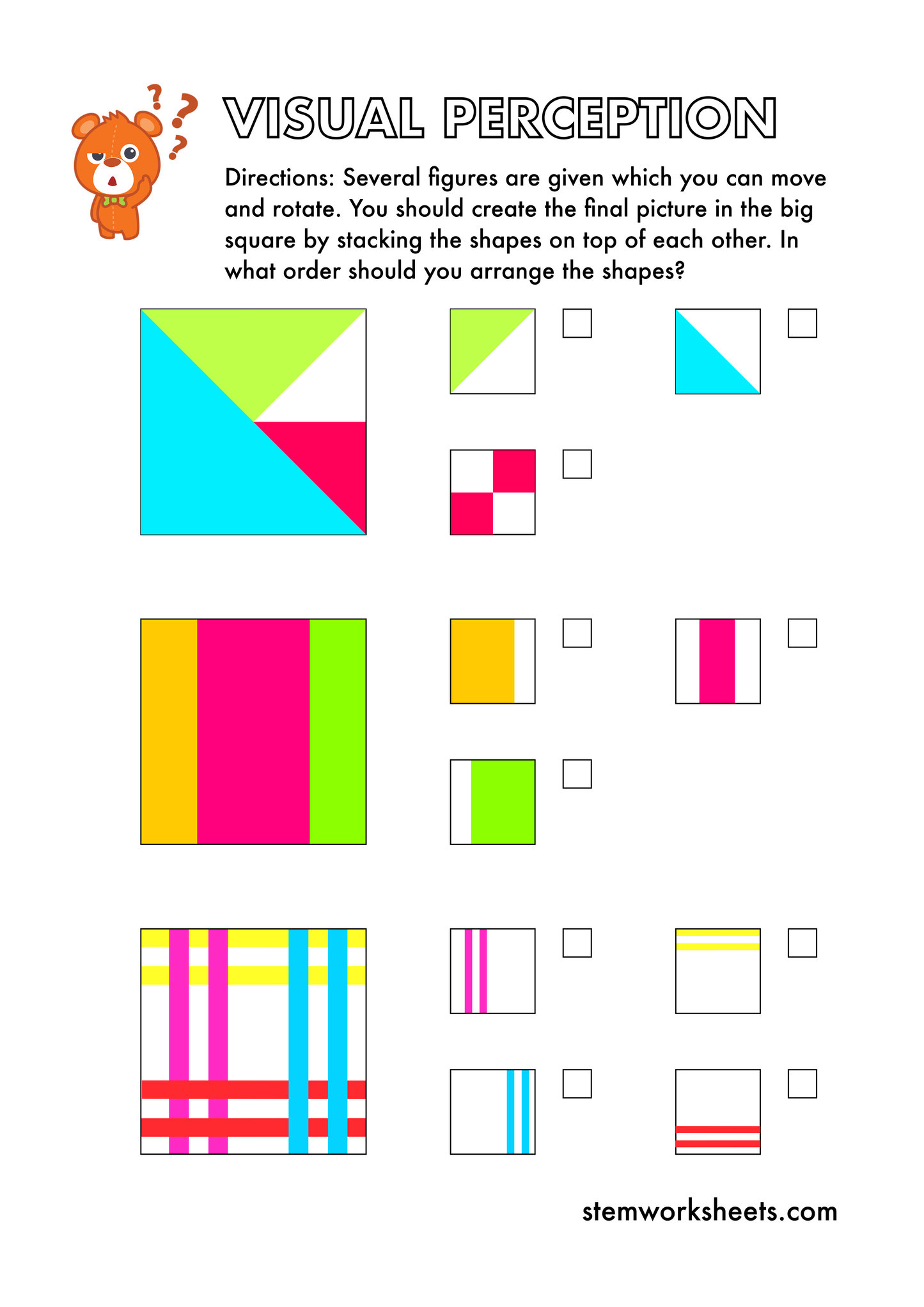 Download a FREE package with visual perception activity worksheets for kids ages 3-7. Visual perception is the brain's ability to understand what the eyes see. Having good visual perception skills helps prepare your child for formal education