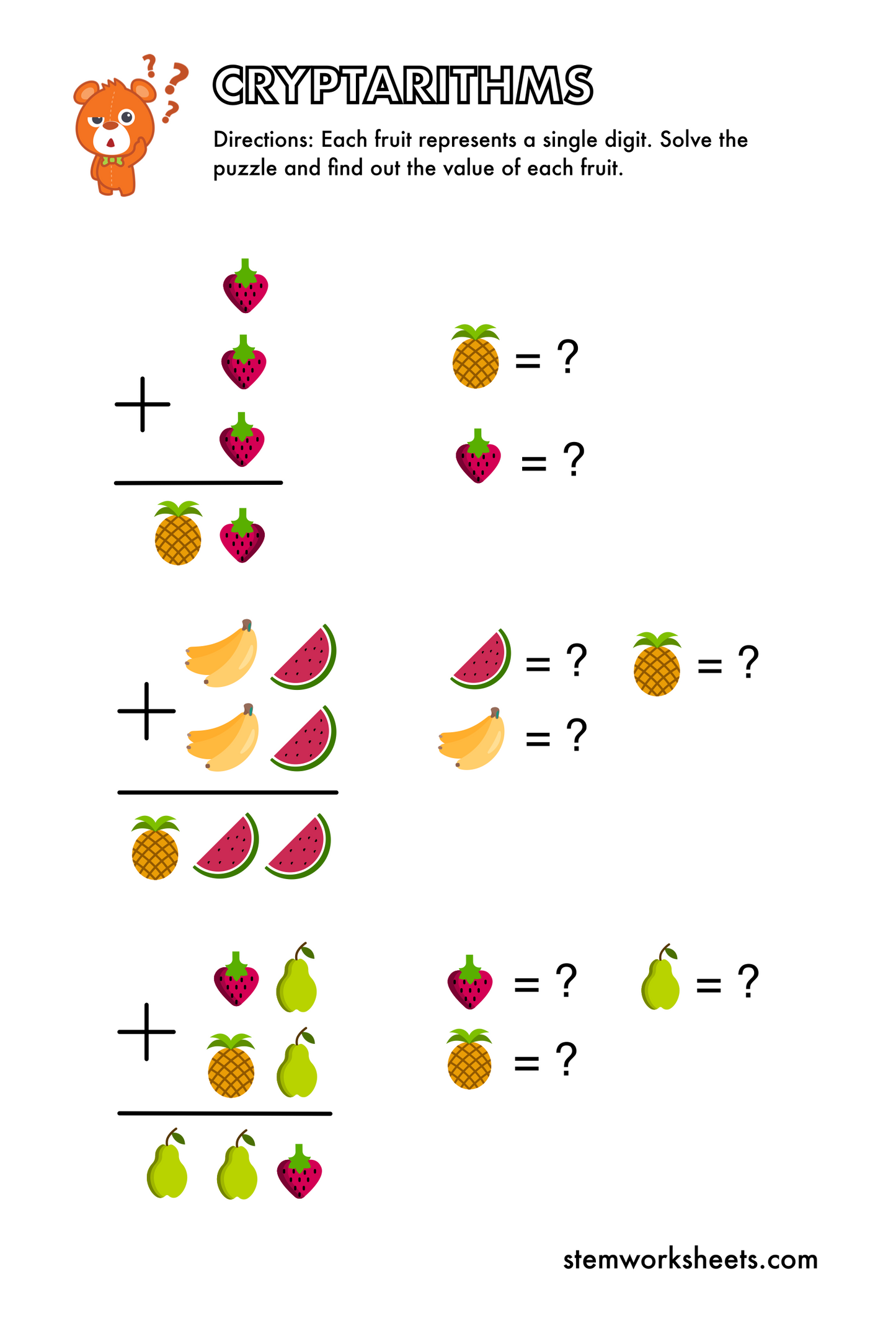 Cryptarithmetic Problem Game FREE Cryptarithms (Math Word Puzzles) Pack 1 – STEMWorksheets