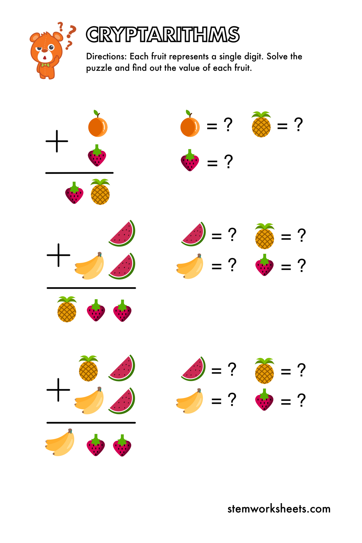 Cryptaruthms FREE Cryptarithms (Math Word Puzzles) Pack 1 – STEMWorksheets