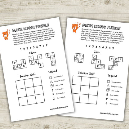 Download a FREE package with math logic puzzles worksheets for kids ages 7-9. Our puzzles will improve your child’s logical thinking and algebra skills. Suitable for first grade and second grade. Using these math puzzles for 1st grade your child will: learn about prime numbers, even numbers, cubic numbers, square numbers and triangular numbers; develop problem solving skills and reasoning; 