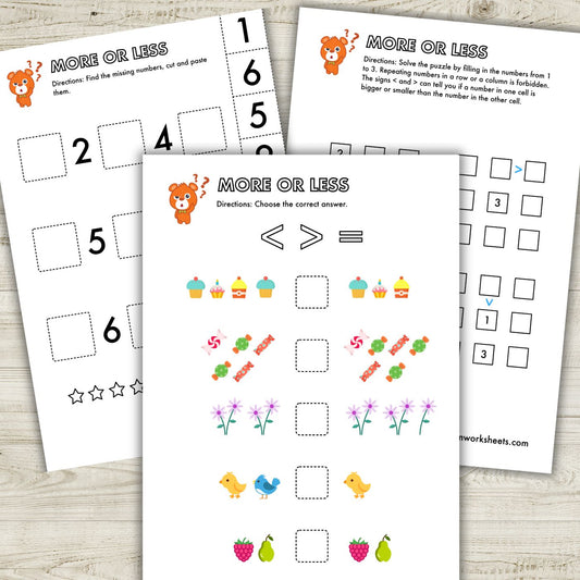 Download a FREE package with More or Less Kindergarten Activity Worksheets for kids ages 3-5. These interactive and visual worksheets will help kindergarteners improve their number sense and critical thinking abilities. For children who are still learning how to count numbers correctly, doing more or less worksheets can help them to train their counting ability as well as understand the ‘which is greater vs which is lesser’.&nbsp;
Suitable for kindergarten and first grade. Subscribe to get notified when a n