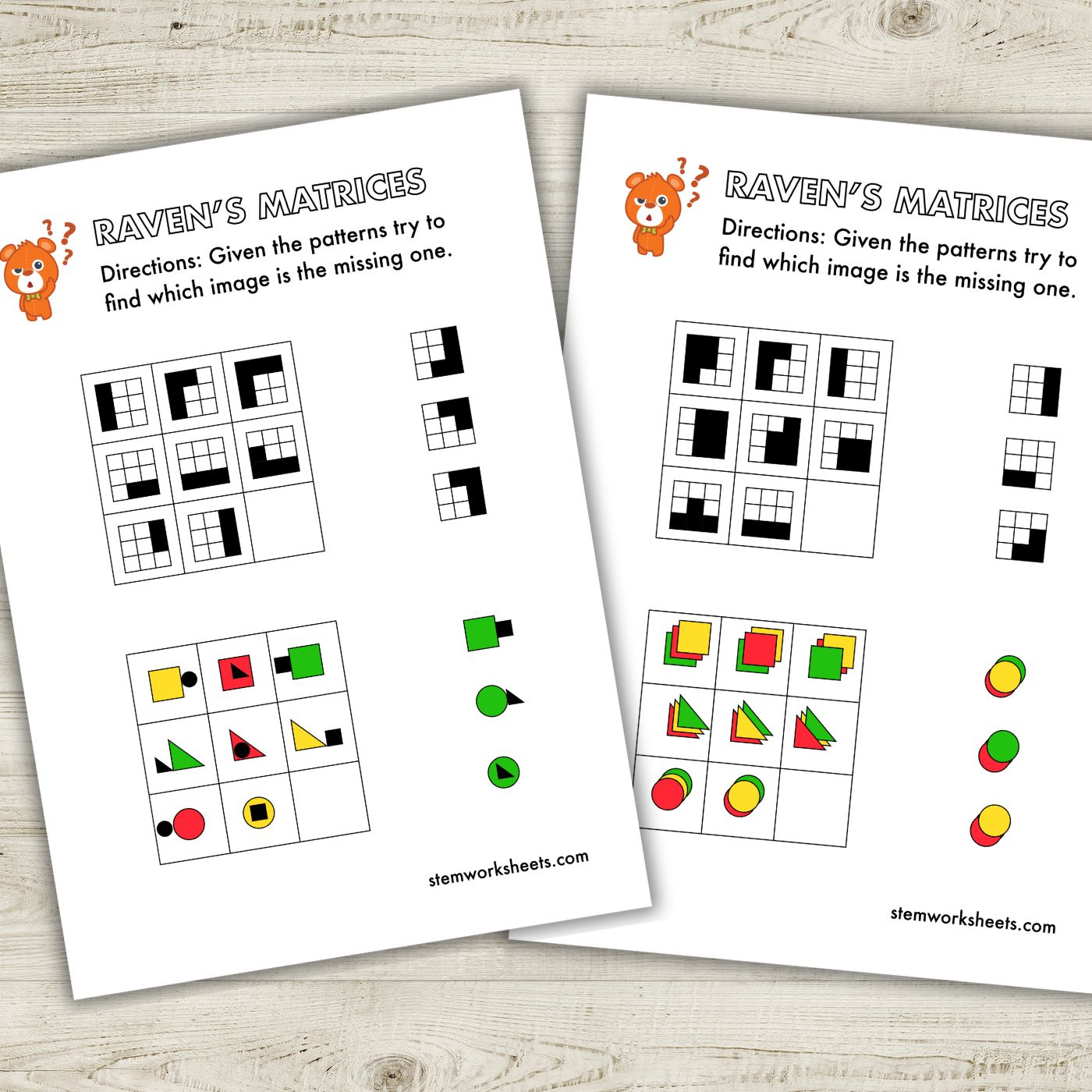 Download a FREE package with Raven's Progressive Matrices for kids. Progressive Matrices are used for measuring abstract reasoning and considered as a non-verbal estimate of fluid intelligence. They generally involve figuring out the 'underlying rule' in a given&nbsp; pattern and then applying this rule to solve the matrix.