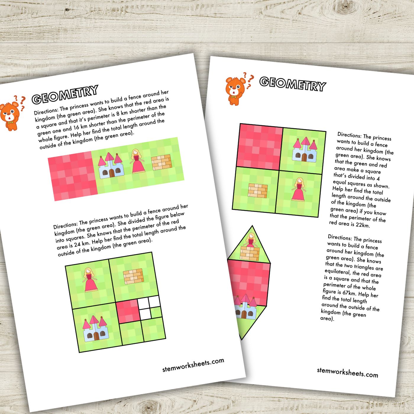 Download a FREE package with first grade and second grade geometry math worksheets. Our geometry worksheets are hard and challenging and they will improve your child’s critical thinking, geometry skills and spatial reasoning. Your child will work with squares, rectangles and triangles to solve complex geometry problems and learn more about the properties of those shapes.