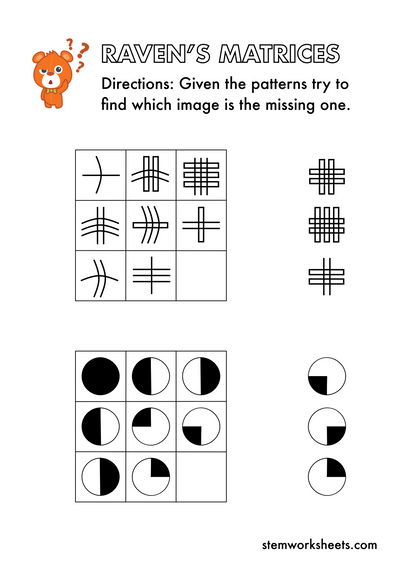 Download our FREE PDF package with Raven’s Progressive Matrices for kids. Our Gifted and Talented Kindergarten Workbook contains hundreds of IQ questions for kids and is suitable for Cognitive Abilities Test™ (CogAT®) test preparation and NNAT test preparation. 