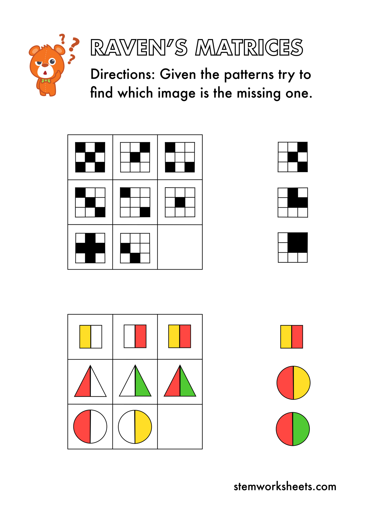 Download our FREE PDF package with Raven’s Progressive Matrices for kids. Our Gifted and Talented Kindergarten Workbook contains hundreds of IQ questions for kids and is suitable for Cognitive Abilities Test™ (CogAT®) test preparation and NNAT test preparation.